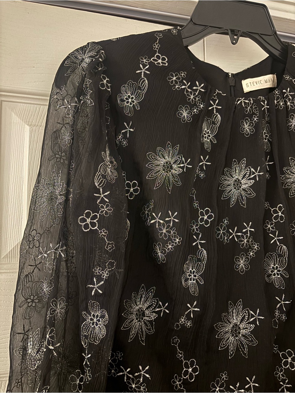 STEVIE MAY Black Long Sleeve Silver Floral Ruffle Ruched Mini Dress - Picture 8 of 15